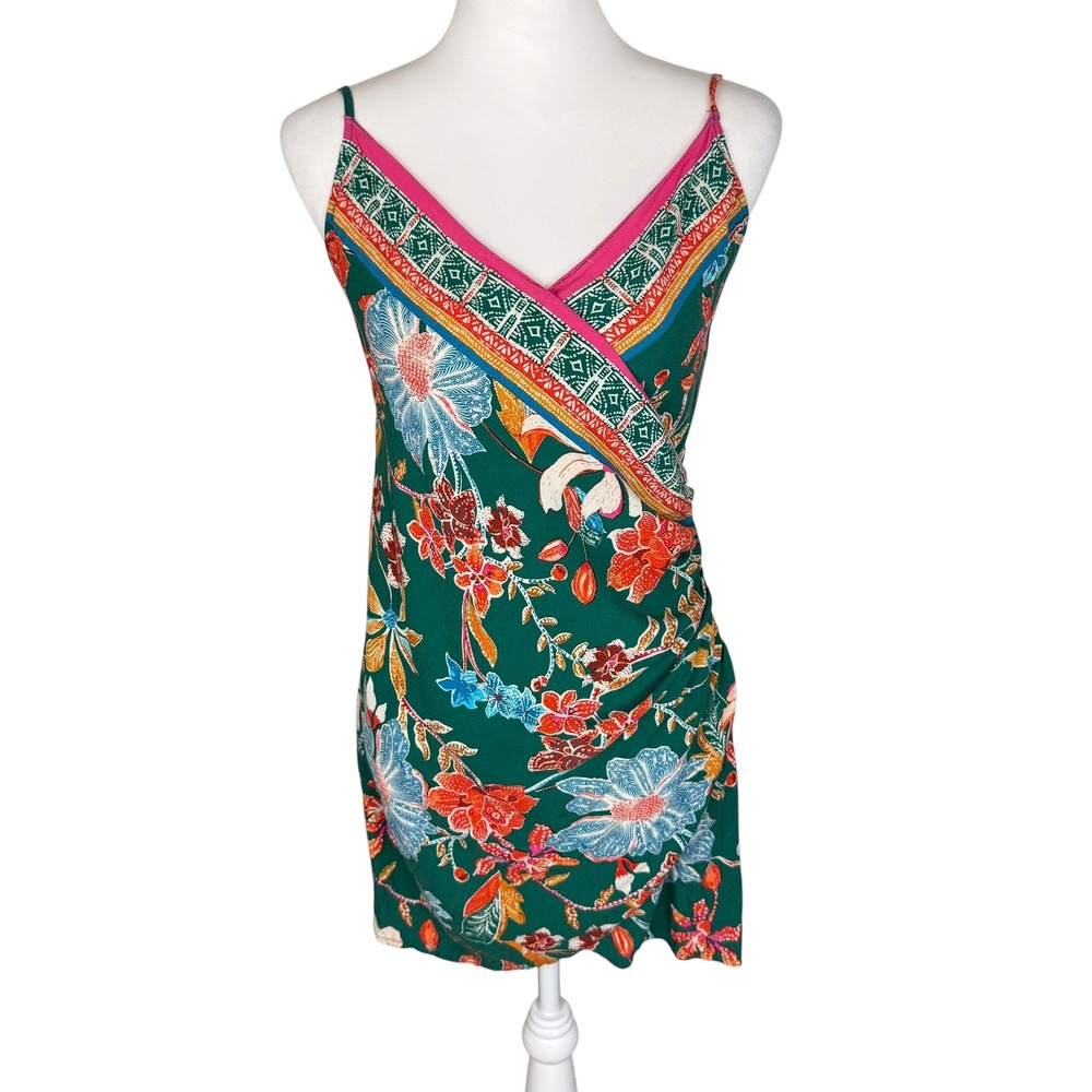 Urban Outfitters Green Floral Tropical Faux Wrap Mini Dress Ruched Small